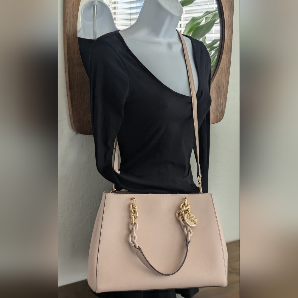 Michael Kors Cynthia Satchel Blush Pink/Gold Chain Saffiano Leather Bag.